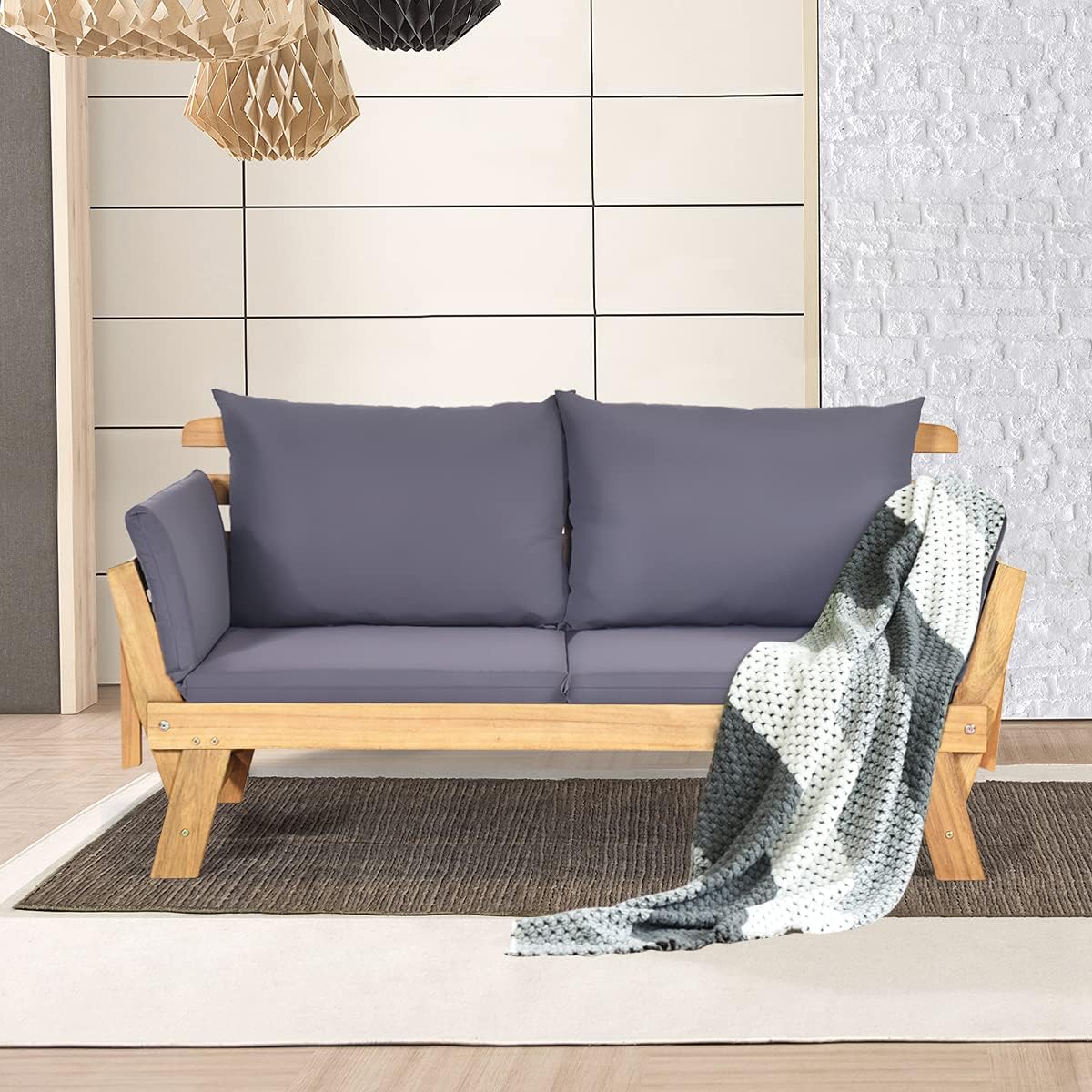 Divano Letto 2 Posti da Esterno in Legno di Acacia con Braccioli Regolabili, Sdraio da Giardino con Cuscini, Chaise longue Pieghevole per Giardino, Piscina, Cortile