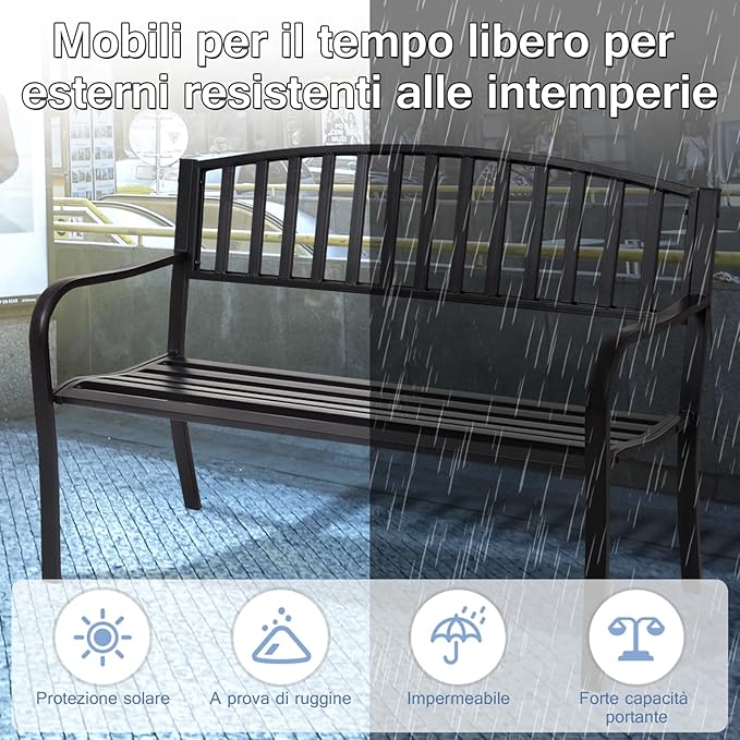 Panchina da Esterno, Panca in Metallo con Schienale Squisito, Braccioli Ergonomici e Sedile Ampio, Panchina da Giardino, Balcone e Cortile, Portata 280 kg (Righe)