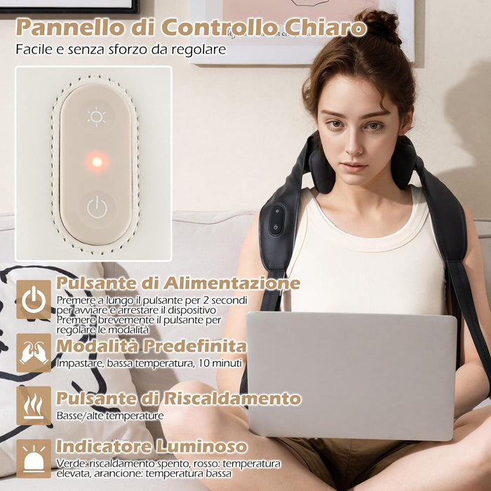 Massaggiatore Cervicale, Massaggiatore Shiatsu per Collo e Spalle, per Massaggio Profondo 4D con 2 Livelli di Calore, Funzione Timer, Massaggiante Portatile e Senza Fili