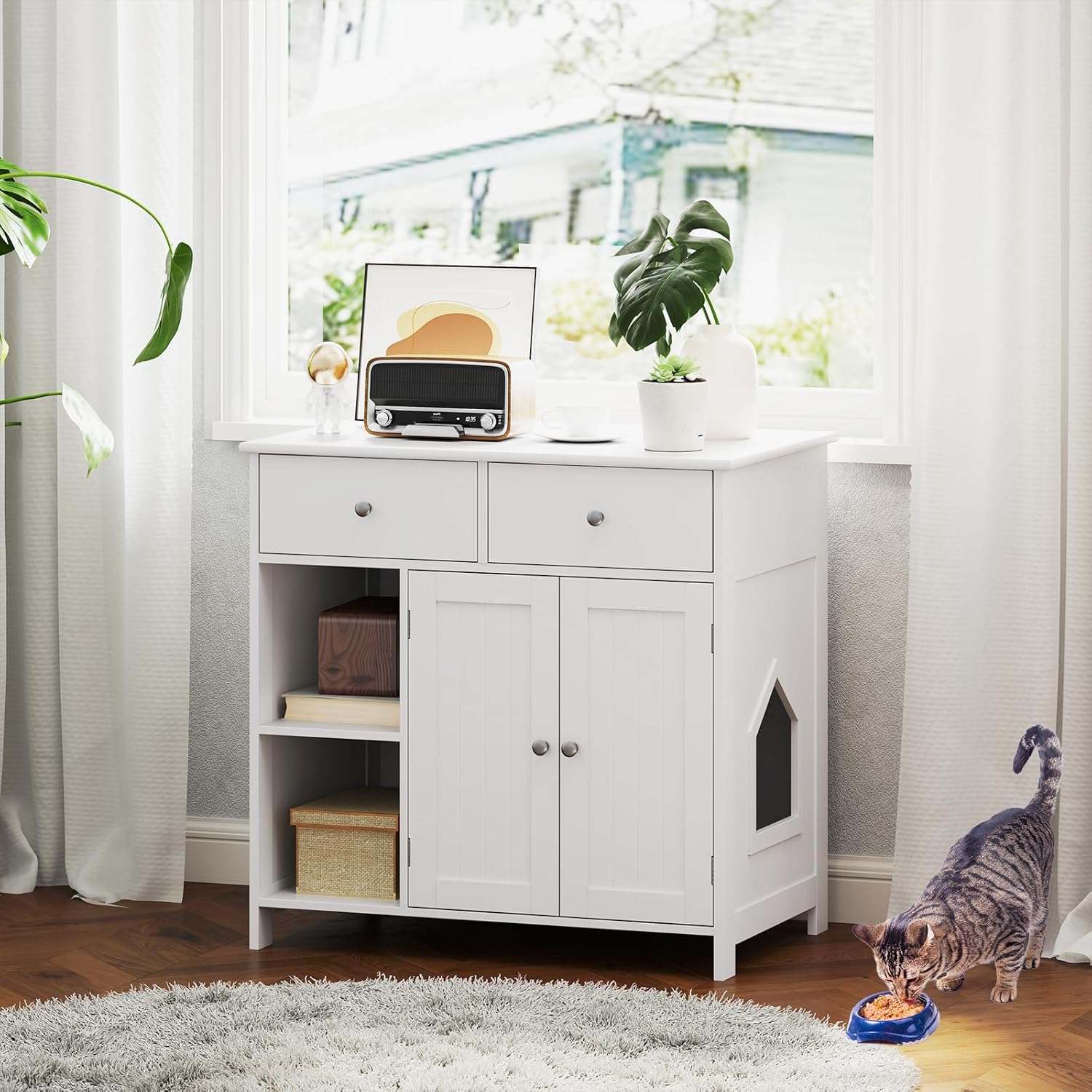 Lettiera Nascosto per Gatti, Mobile Laterale per Gatti con 2 Cassetti, 2 Porte, Ripiani Aperti e Dispositivi Anti-Ribaltamento, Armadio Salvaspazio per Animali Domestici Interno, Bianco