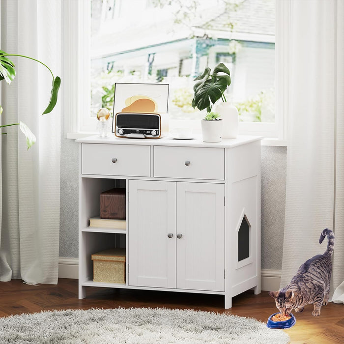 Lettiera Nascosto per Gatti, Mobile Laterale per Gatti con 2 Cassetti, 2 Porte, Ripiani Aperti e Dispositivi Anti-Ribaltamento, Armadio Salvaspazio per Animali Domestici Interno, Bianco