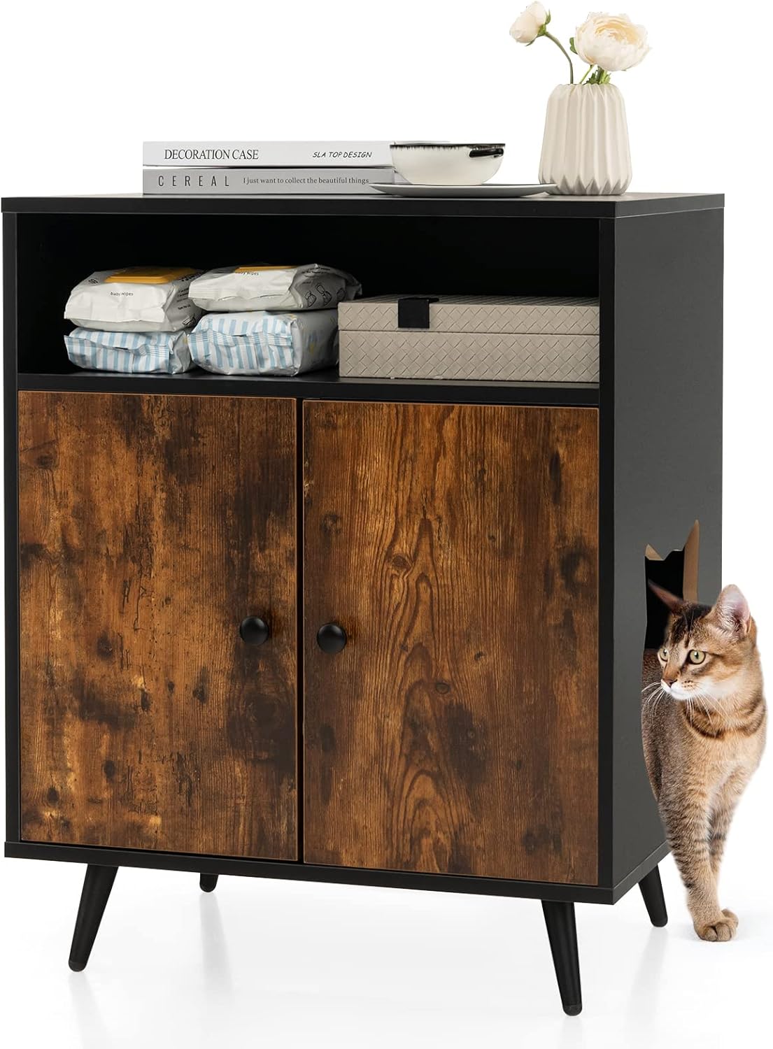 Mobile per Lettiera per Gatti, Casetta per Gatti con Ingresso, Gambe Inclinate e Scomparto Aperto, Tavolino in Legno Versatile per Salotto, 60 x 45 x 75 cm, Marrone e Nero