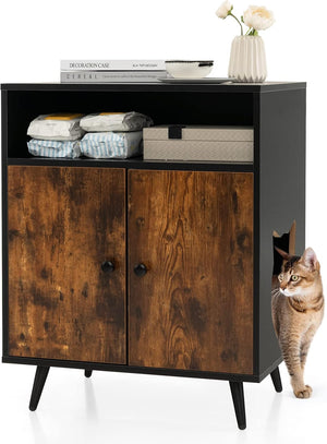 Mobile per Lettiera per Gatti, Casetta per Gatti con Ingresso, Gambe Inclinate e Scomparto Aperto, Tavolino in Legno Versatile per Salotto, 60 x 45 x 75 cm, Marrone e Nero