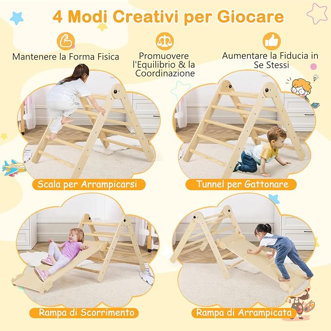 3 in 1 Set da Arrampicata per Bambini, Giocattoli da Arrampicata Triangolari Pieghevoli, Altezza Regolabili, con Scivolo/Rampe da Arrampicata, Carico 60 kg (Naturale)