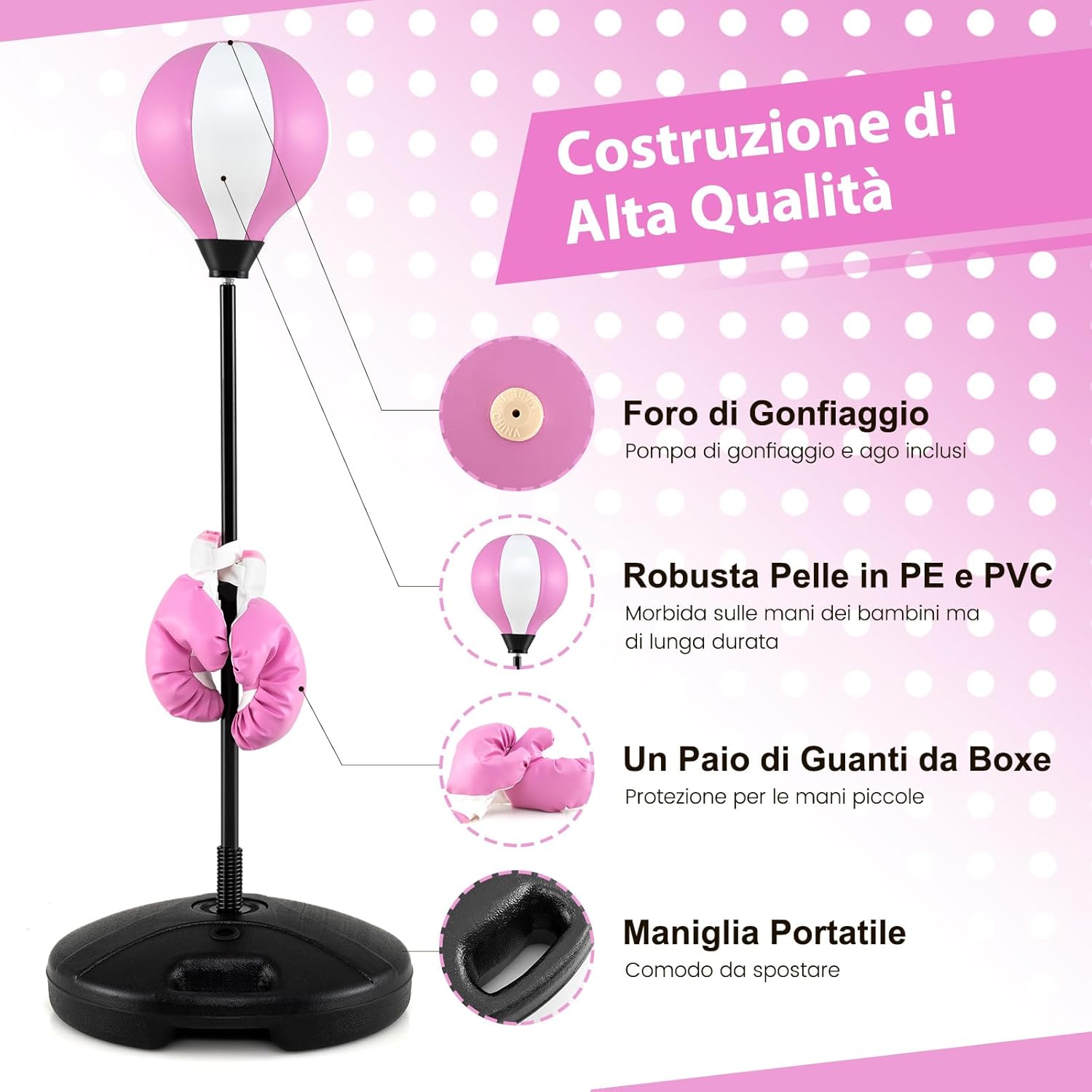 Sacco da Boxe per Bambini Altezza Regolabile, Punching Ball per Bambini con Guantoni, Palla di Pugilato da Terra con Base Stabile Riempibile con Acqua o Sabbia