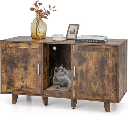 Mobile per Lettiera per Gatti 120 x 52 x 65 cm, Casetta per Gatti con 2 Ante, Fori, Tiragraffi e Gambe Staccabili, Mobile Versatile e Moderno per Salotto (Marrone e nero)