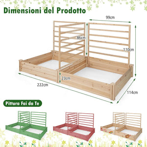 Letto Rialzato da Giardino con 2 Cassoni per Piantare e 3 Tralicci, Aiuola Rialzata da Giardino in Legno per Fiori, Erbe, Verdure, Frutta e Viti Rampicanti, 222 cm x 114 cm x 110 cm