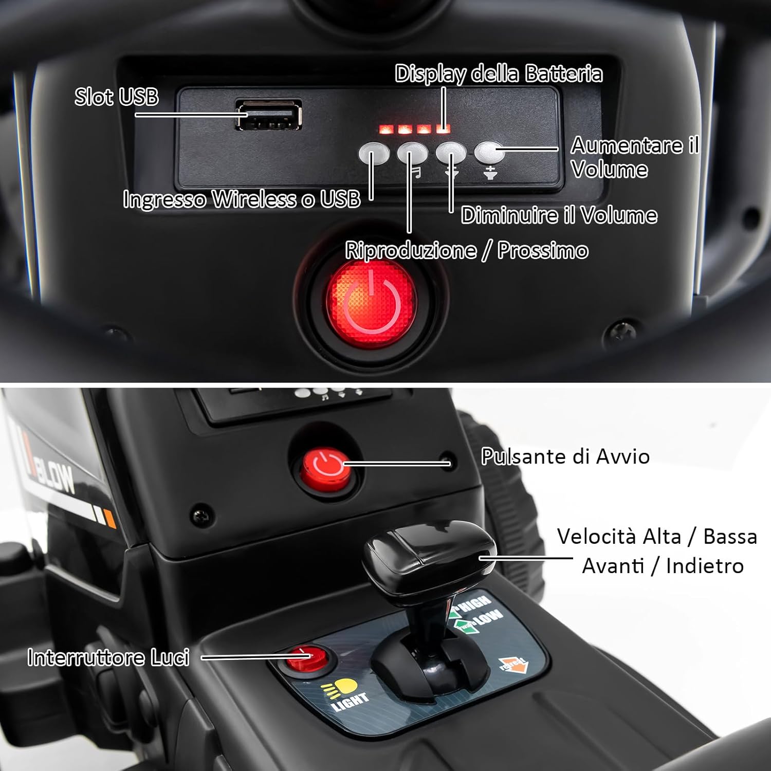 Trattore con Rimorchio Cavalcabile per Bambini 12V, Trattore Elettrico Telecomandato, con Luci e Suoni, 30kg, 3+ Anni (Nero)