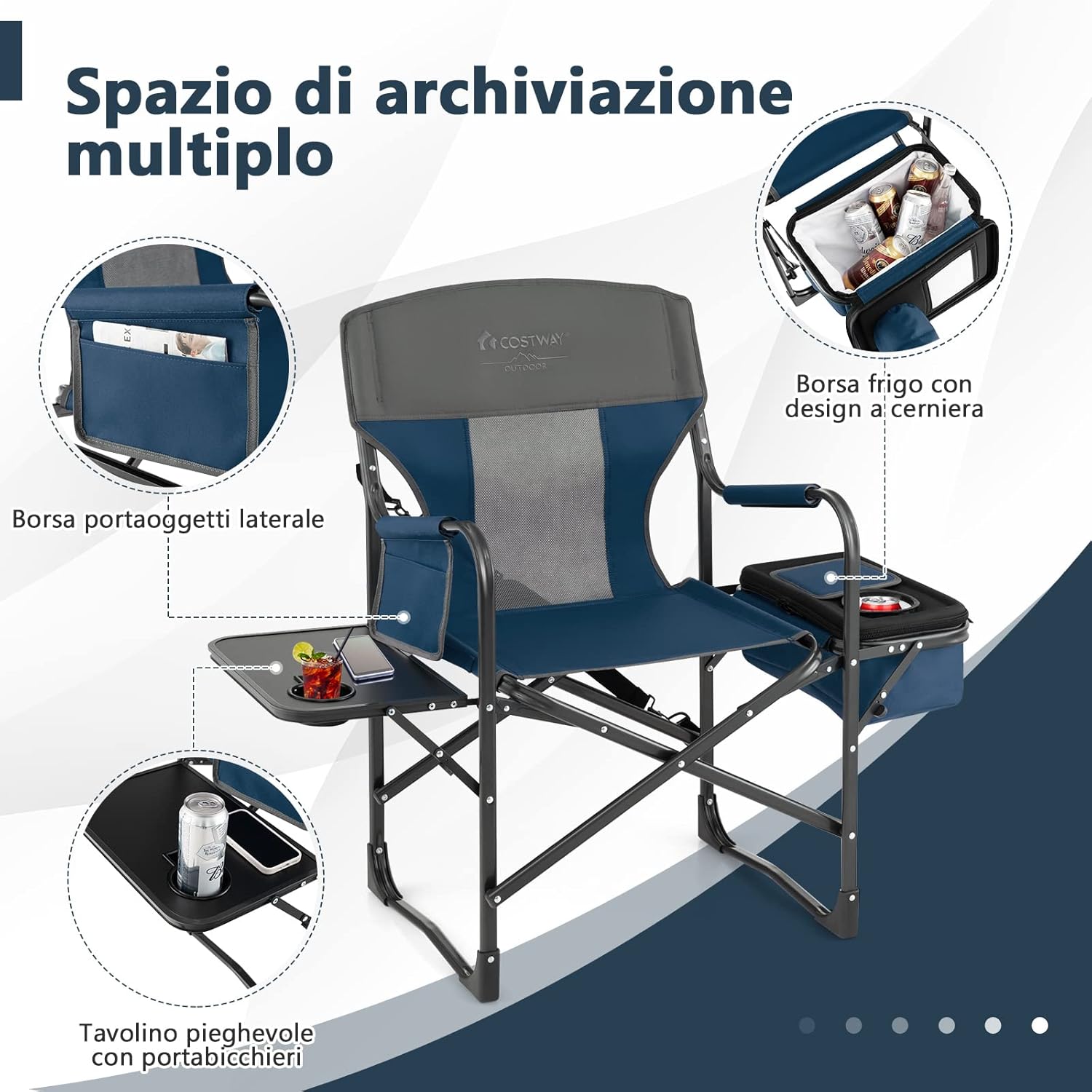 Sedia da Campeggio Pieghevole, Sedia da Regista Robusta con Tavolino, Borsa Frigo, Borsa Portaoggetti e Cinghia, Sedia da Trucco da 180 kg, per Campeggio Escursione Pesca Picnic (blu)