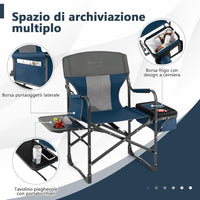 Sedia da Campeggio Pieghevole, Sedia da Regista Robusta con Tavolino, Borsa Frigo, Borsa Portaoggetti e Cinghia, Sedia da Trucco da 180 kg, per Campeggio Escursione Pesca Picnic (blu)