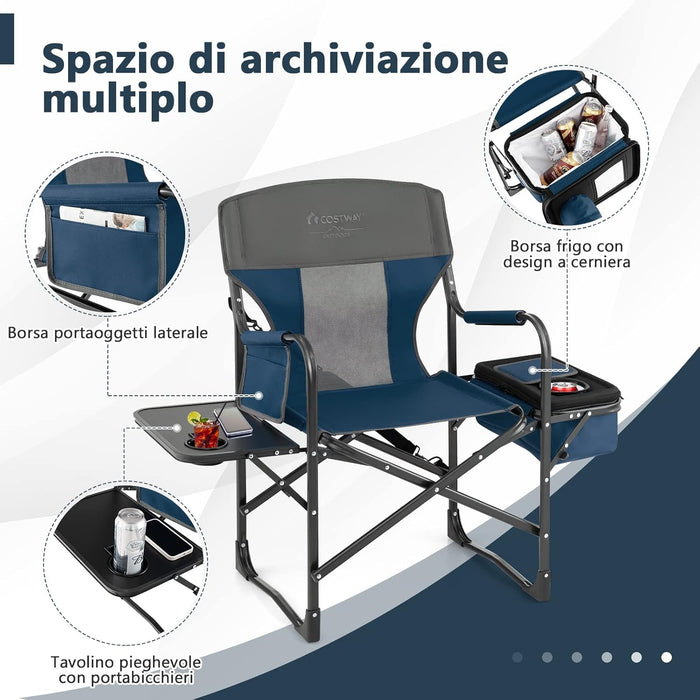 Sedia da Campeggio Pieghevole, Sedia da Regista Robusta con Tavolino, Borsa Frigo, Borsa Portaoggetti e Cinghia, Sedia da Trucco da 180 kg, per Campeggio Escursione Pesca Picnic (blu)