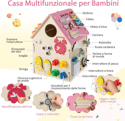 Occupato Montessori per Bambini, Casa da Gioco Montessori con Giochi Sensoriali e Spazio Interno, Giocattolo Educativo e Regalo per Bambini 3 Anni+ (Rosa)