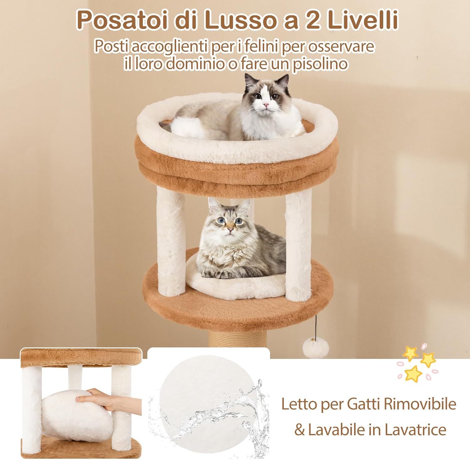Tiragraffi per Gatto Alto 165 cm, Albero Tiragraffi Gatto con 4 Piattaforme, 4 Pali Sisal, Spazzola, Corda e Palla Pompon, Torre Tiragraffi per Gatti Imbottito Rimovibile, Caramello