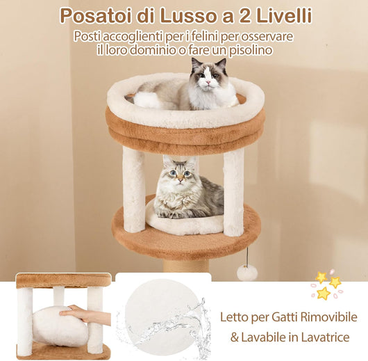 Tiragraffi per Gatto Alto 165 cm, Albero Tiragraffi Gatto con 4 Piattaforme, 4 Pali Sisal, Spazzola, Corda e Palla Pompon, Torre Tiragraffi per Gatti Imbottito Rimovibile, Caramello
