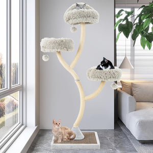 Albero per Gatti Alto 178 cm, Albero Tiragraffi per Gatti con Telaio di Supporto Curvo in Metallo, 3 Cucce Calde e Palline, Pali e Tavoletta Tiragraffi in Sisal, 59 x 59 x 178 cm (Grigio)
