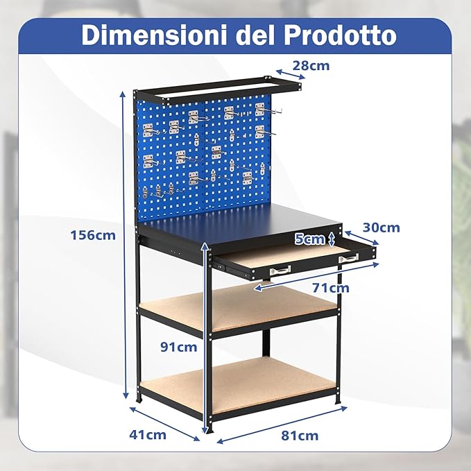 Banco da Lavoro con Piano da 80 x 40 cm, Banco da Lavoro Officina con Pannello Forato e 20 Ganci Porta Attrezzi, Tavolo da Lavoro per Garage con Cassetto e 2 Mensole (Blu)