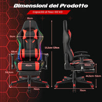 Sedia da Ufficio Ergonomica per Computer con Altezza Regolabile, Sedia da Gaming con Luci RGB LED, Schienale e Braccioli Regolabili, Poggiapiedi Estraibile e Supporto Lombare (Rosso)