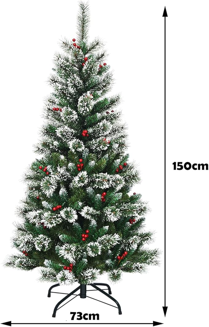 Albero di Natale Innevato 150/180/210/240 cm, Albero di Natale Artificiale con Rami, Bacche Rosse e Base di Metallo, Decorazione Natalizia per Casa, Negozio e Ufficio (150 CM)