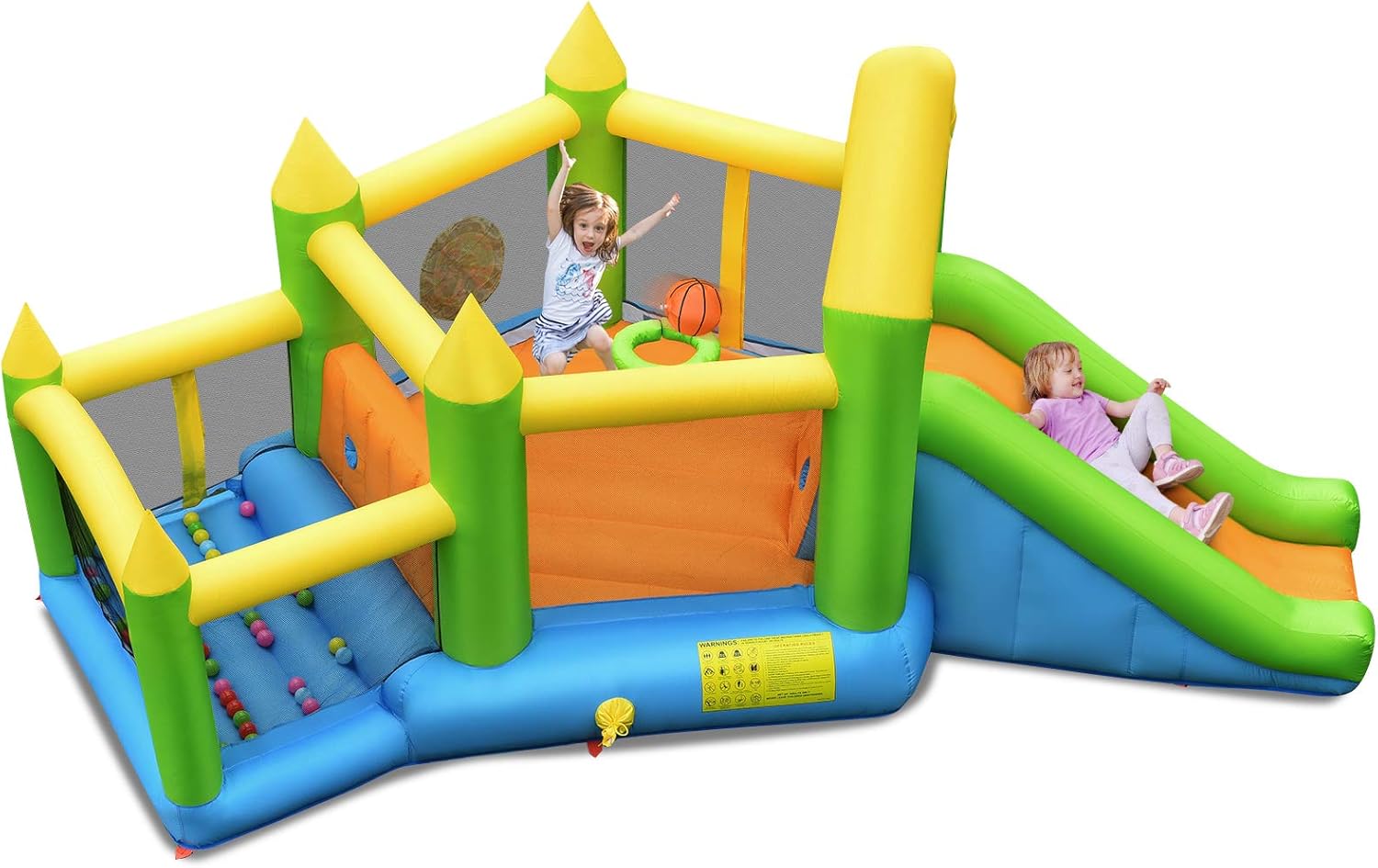 Castello Gonfiabile 5 in 1 per Bambini, Gonfiabile con Scivolo, Trampolino, Piscina di Palline, Canestro e Palla Basket, Borsa di Trasporto, 477x241x208 cm (Senza soffiatore)