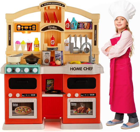 Cucina Giocattolo per Bambini 69 Pezzi, Cucinetta per Bambini 3 Anni+ con Luci Suoni Vapore e Acqua in Ebollizione, 3 Anni+, 64,5 x 24 x 83 cm (Arancio)