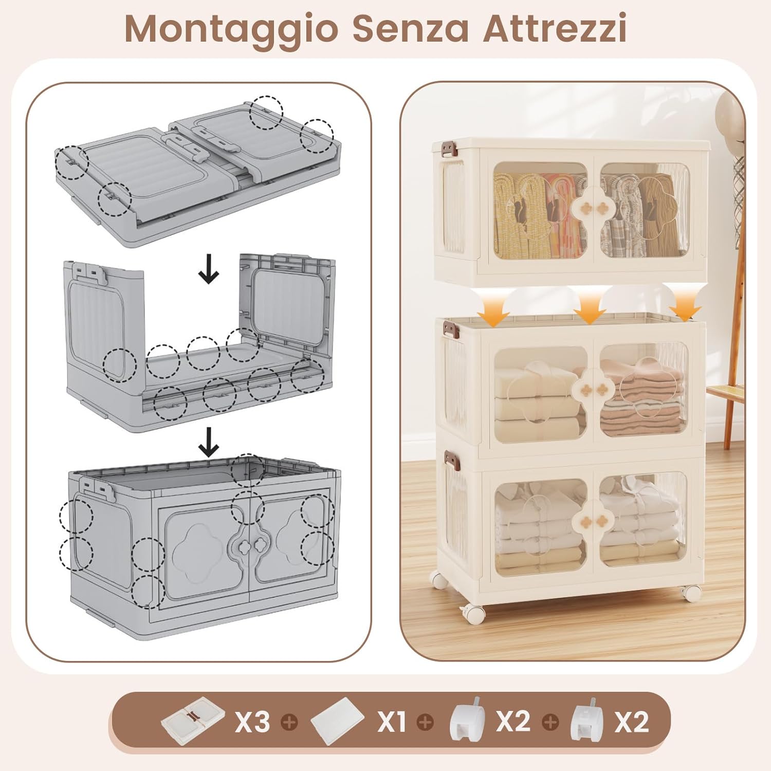 Scatole Immagazzinaggio Impilabili e Pieghevole con Ruote, Armadietto a 3 Ripiani con Ante e Coperchio, Contenitore Trasparente per Camera da Letto e Soggiorno, Bianco (59,5 x 35,5 x 99 cm)
