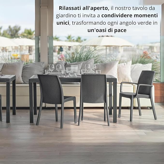 Tavolo da giardino in plastica rettangolare, Rattan - Tavolo da pranzo per esterno, terrazzo - 6 posti - Nero