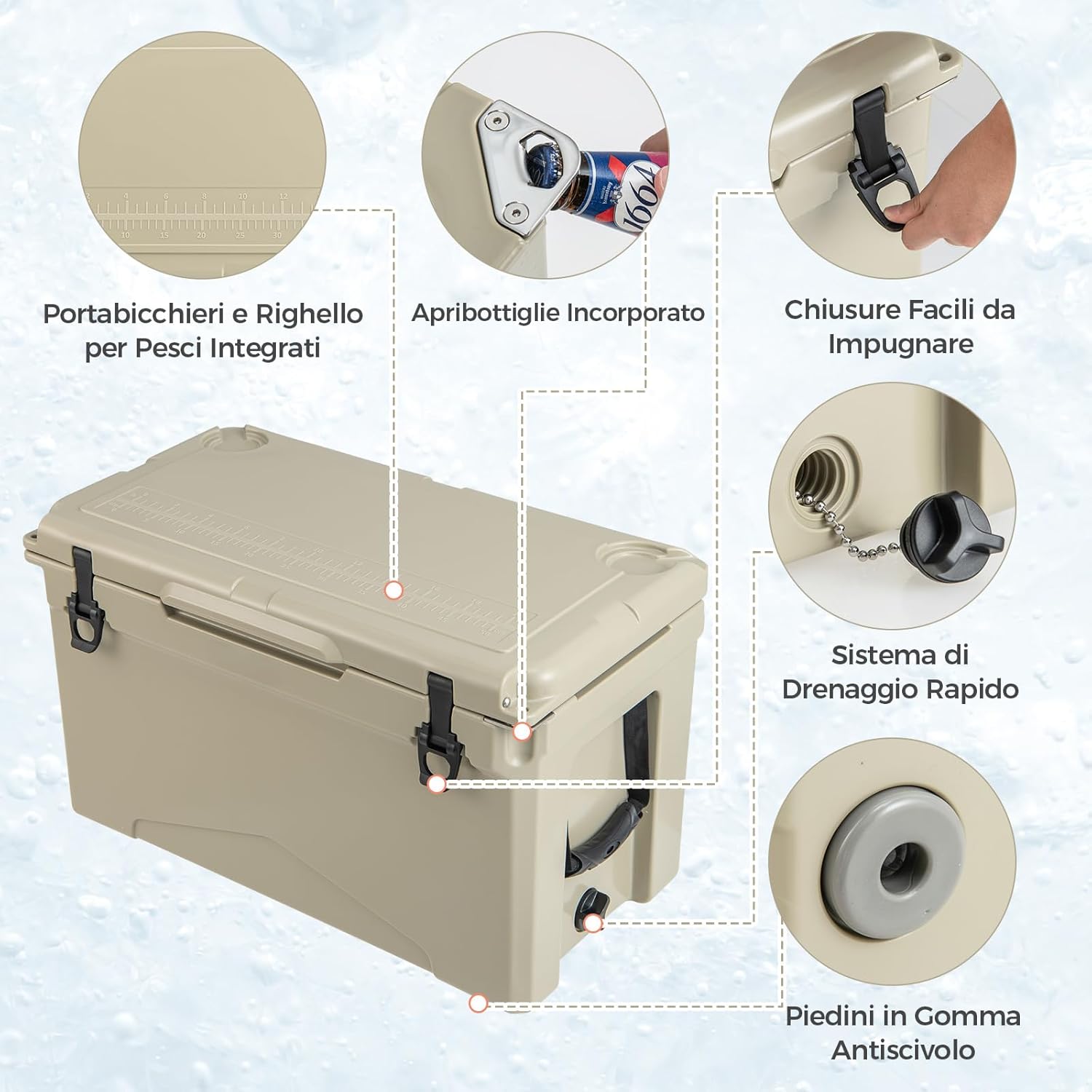 Frigorifero Portatile da 47 Litri, Frigo da Campeggio con Portabicchieri Integrati, Freddo Portatile con Manico, Fino 5-7 Giorni, Regolo e Apribottiglie, per, Campeggio, Picnic, Pesca