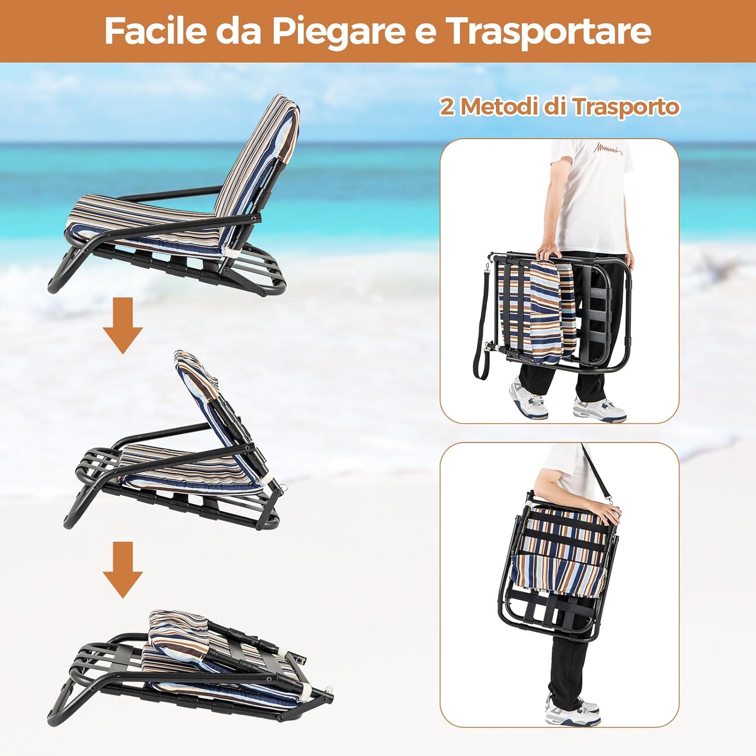 Set di 2 Sedie da Spiaggia, Sedia da Spiaggia Pieghevole con Cuscino, Sedie a Sdraio Basse Portatile, con Struttura in Metallo, Portata 135 kg, 67 x 50 x 46 cm