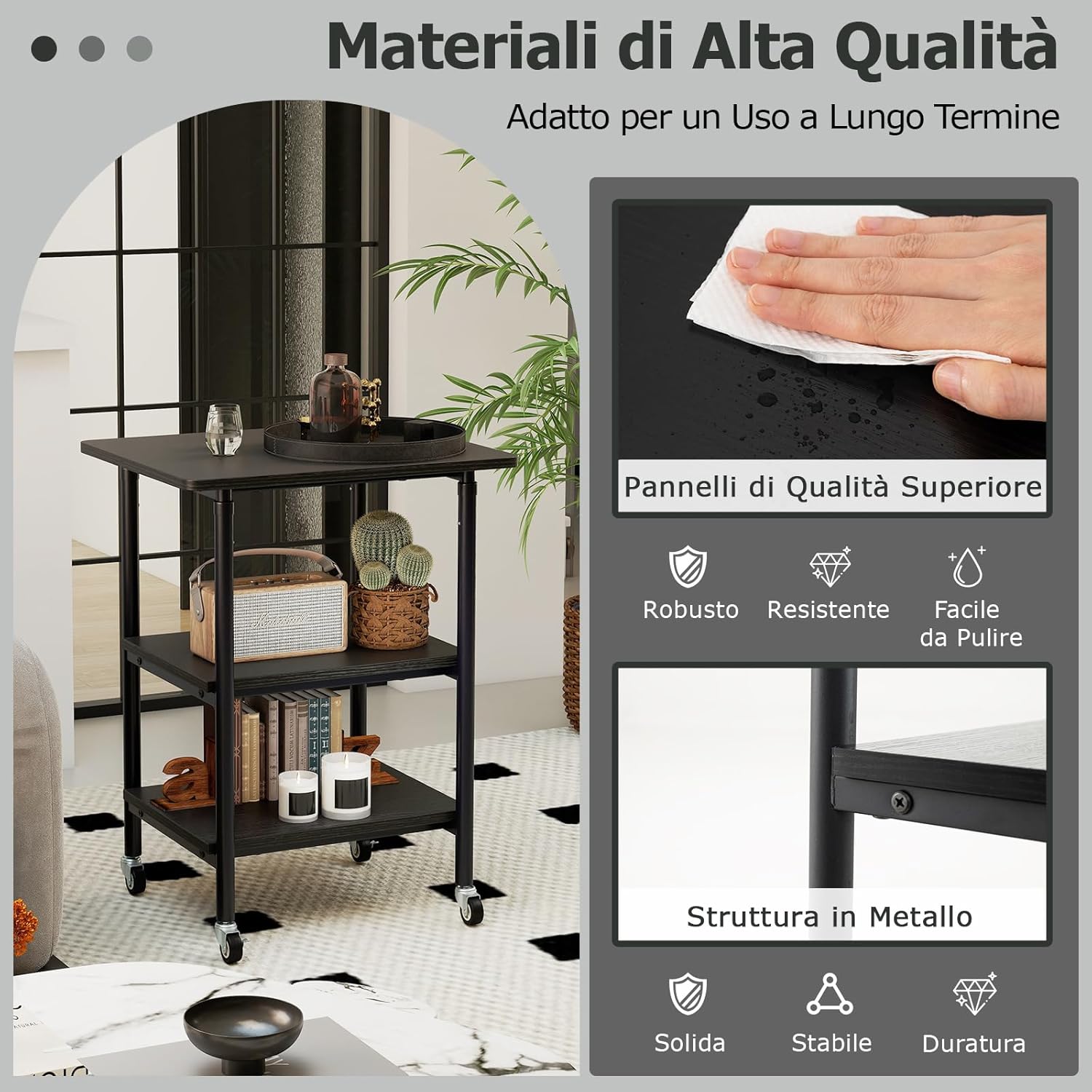 Supporto per Stampante, Carrello Stampante a 3 Livelli con Ripiani di Stoccaggio e Ruote con Blocco, Altezza Regolabile, per Stampante 3D Scanner Fax, 49 x 40 x 65/77 cm (Nero)