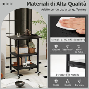 Supporto per Stampante, Carrello Stampante a 3 Livelli con Ripiani di Stoccaggio e Ruote con Blocco, Altezza Regolabile, per Stampante 3D Scanner Fax, 49 x 40 x 65/77 cm (Nero)