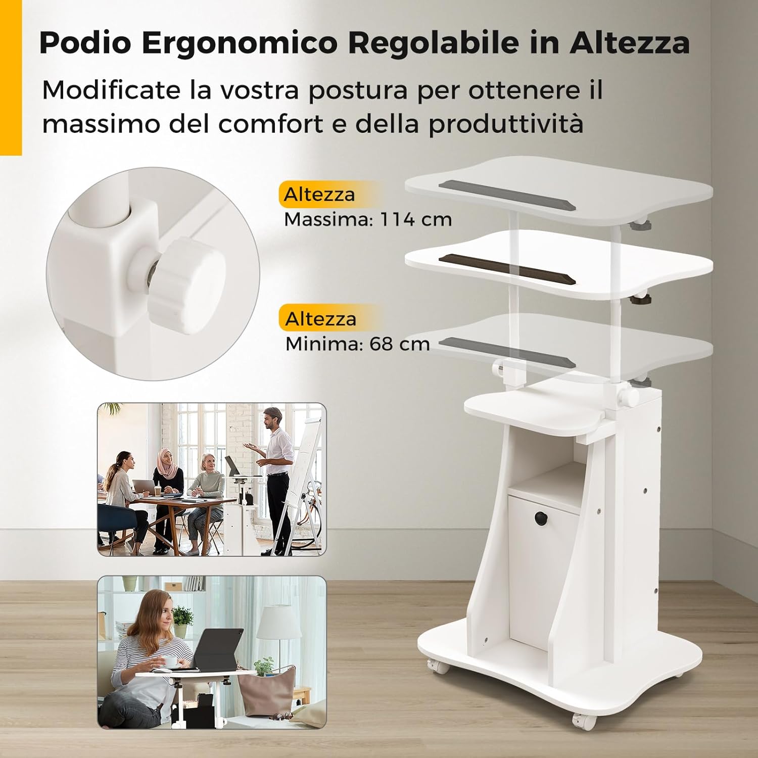 Scrivania Regolabile in Altezza con Ruote, Standing Desk Mobile con Piano Inclinabile e Scomparti, Scrivania per Laptop Ergonomica con Rotelle per Ufficio e Casa (Bianco)