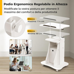 Scrivania Regolabile in Altezza con Ruote, Standing Desk Mobile con Piano Inclinabile e Scomparti, Scrivania per Laptop Ergonomica con Rotelle per Ufficio e Casa (Bianco)