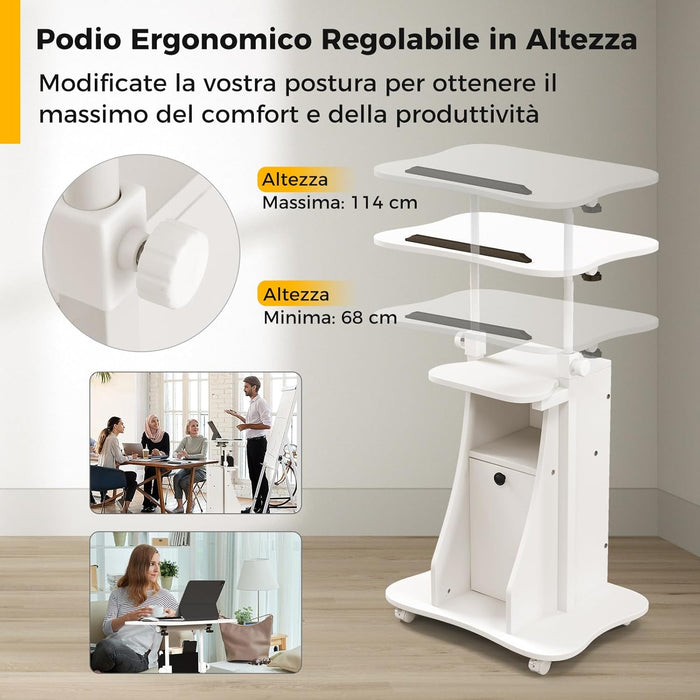 Scrivania Regolabile in Altezza con Ruote, Standing Desk Mobile con Piano Inclinabile e Scomparti, Scrivania per Laptop Ergonomica con Rotelle per Ufficio e Casa (Bianco)