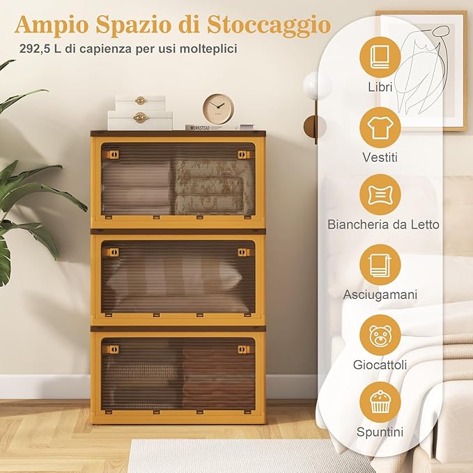 98Lx3 Contenitori Pieghevoli con Coperchi, Set di 3 Scatole Sovrapponibili con Ruote e 5 Porte, Contenitori di Plastica per Casa, Ufficio e Campeggio, 66,5x46,5x111,5 cm (Giallo)