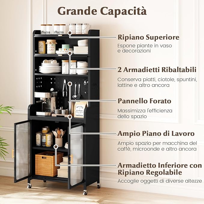 Credenza da Cucina, Armadietto Salvaspazio in Metallo con Ampio Piano di Lavoro, Ripiano Regolabile, Pannello Forato e Ruote, per Sala da Pranzo e Soggiorno, 79 x 37 x 192 cm