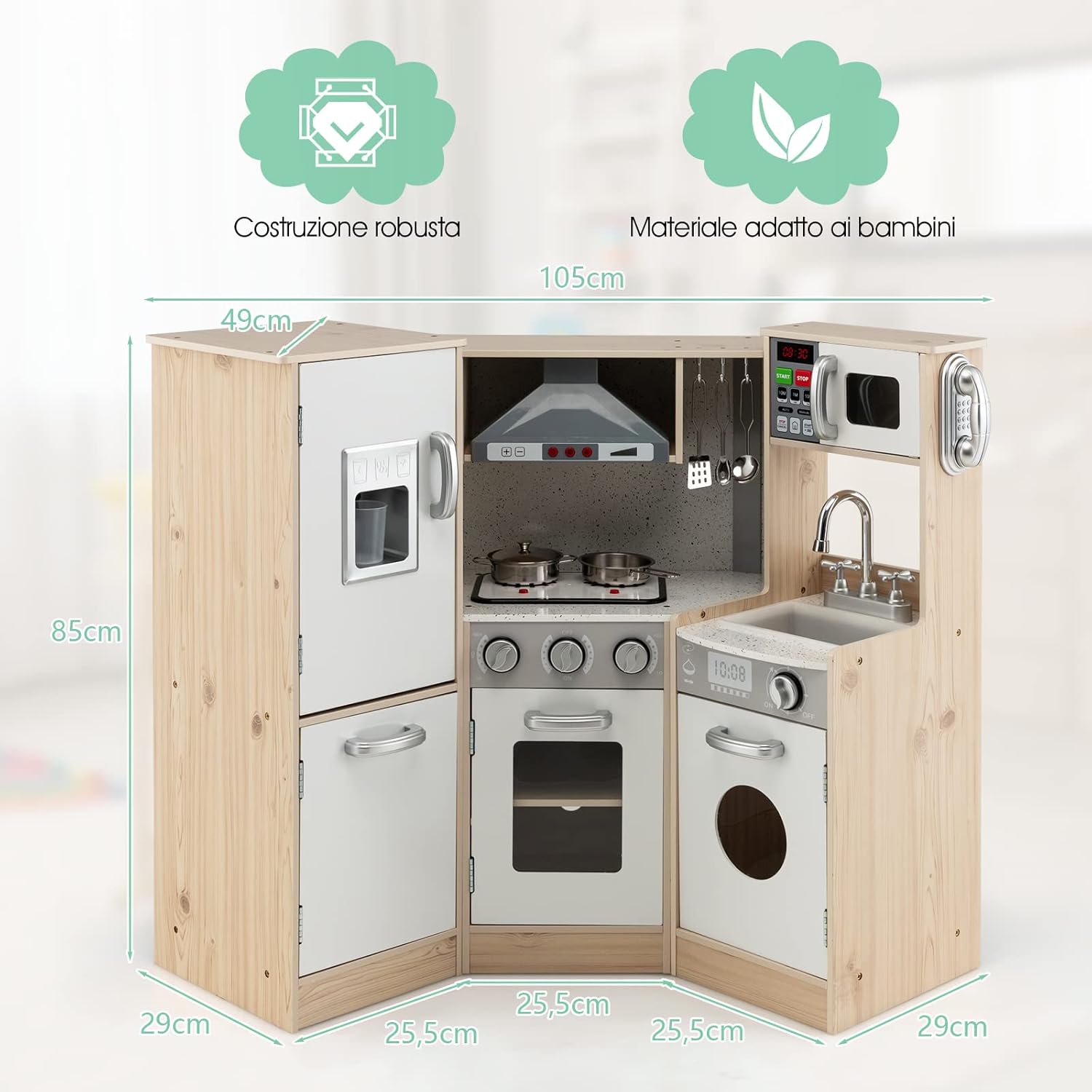 Cucina Giocattolo per Bambini in Legno, Cucina per Bambini con Macchina del Ghiaccio, Telefono, Lavatrice, Forno, Microonde, Lavello e Rubinetto, Funzione Luci e Suoni, per Bambini 3+ Anni
