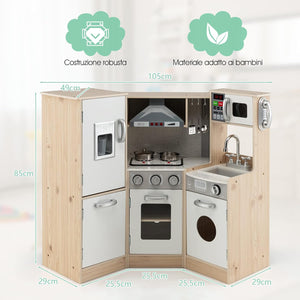 Cucina Giocattolo per Bambini in Legno, Cucina per Bambini con Macchina del Ghiaccio, Telefono, Lavatrice, Forno, Microonde, Lavello e Rubinetto, Funzione Luci e Suoni, per Bambini 3+ Anni