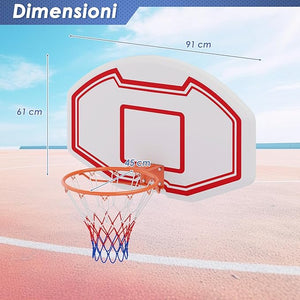 Tabellone Basket a Muro Interno ed Esterno, Canestro da Basket a Parete con Tabellone Anti-Rottura da 91 x 61 cm, Rete Resistente e Cerchio Standard da 45 cm