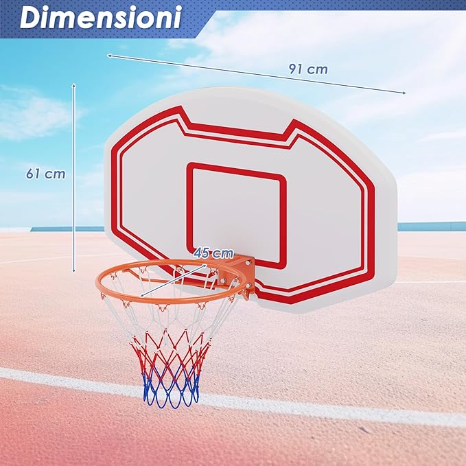 Tabellone Basket a Muro Interno ed Esterno, Canestro da Basket a Parete con Tabellone Anti-Rottura da 91 x 61 cm, Rete Resistente e Cerchio Standard da 45 cm