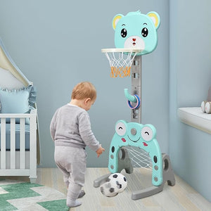 Canestro da Basket, Centro Attività 3 in 1 per Bambini, Canestro da Basket con Porta da Calcio e Gioco degli Anelli, Set Basket e Calcio a Forma di Orso, Ideale per Bambini (Verde)