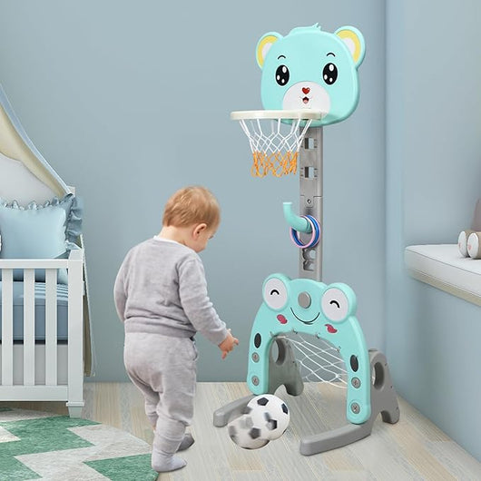 Canestro da Basket, Centro Attività 3 in 1 per Bambini, Canestro da Basket con Porta da Calcio e Gioco degli Anelli, Set Basket e Calcio a Forma di Orso, Ideale per Bambini (Verde)