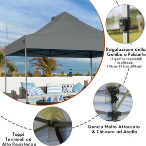 Gazebo Pieghevole da Giardino 3 x 3 m, Gazebo da Esterno con Design Pop Up, Borsa a Ruote, 3 Altezza Regolabile, Ideale per Feste, Giardino e Spiaggia(Grigio)