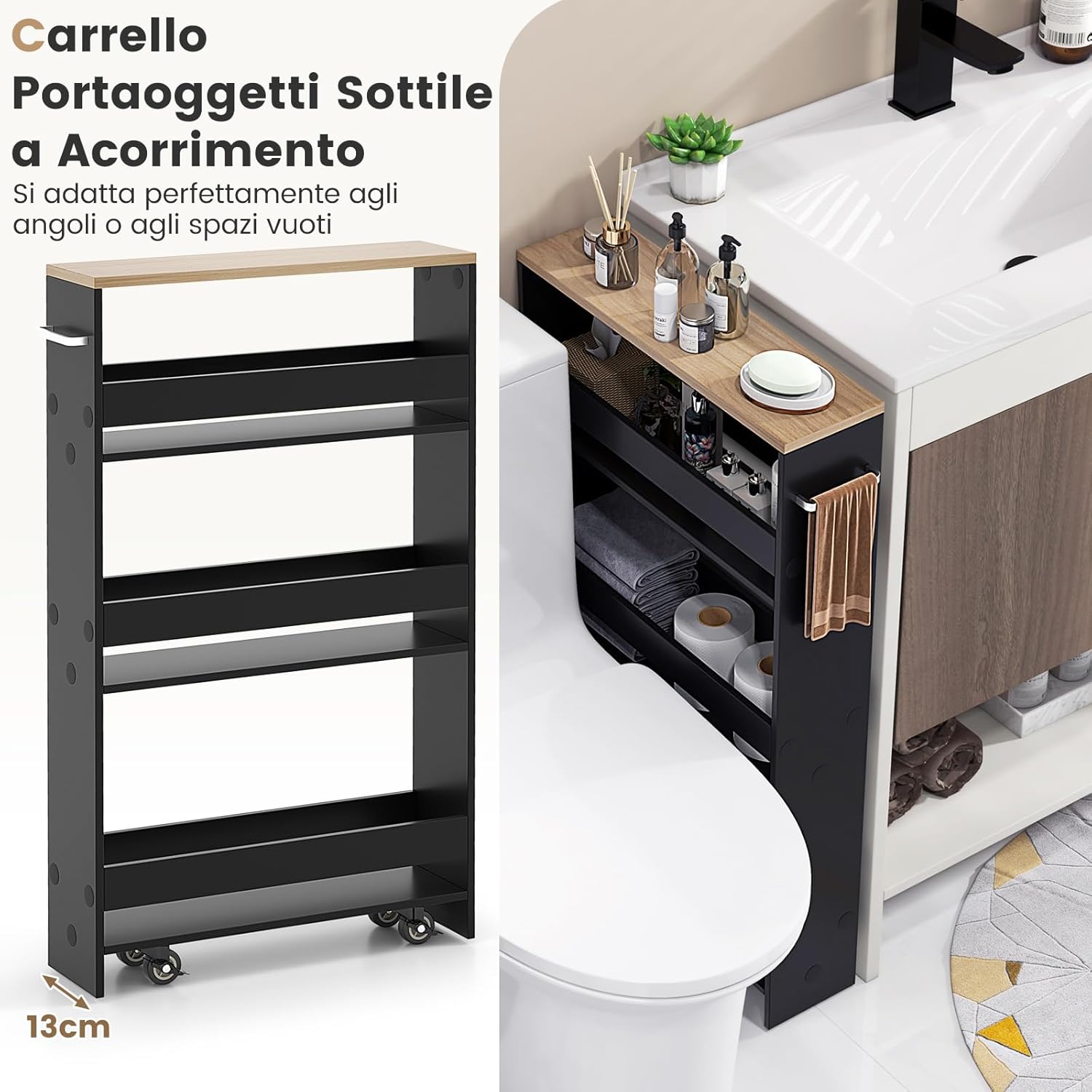 Carrello Portaoggetti da Cucina, Scaffale con Maniglia Laterale e Ruote, Carrello Salvaspazio con 3 Scaffali Stretti, 47,5x13x80,5 cm (Naturale+Nero)
