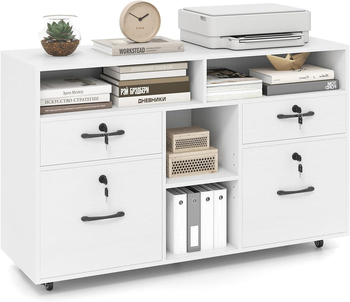 Armadietto Portadocumenti, Mobile da Ufficio Laterale con 4 Cassetti Adatto per File Formato A4/Lettera e 5 Ruote Universali Bloccabili, Credenza in Metallo per Scrivania (Bianco)