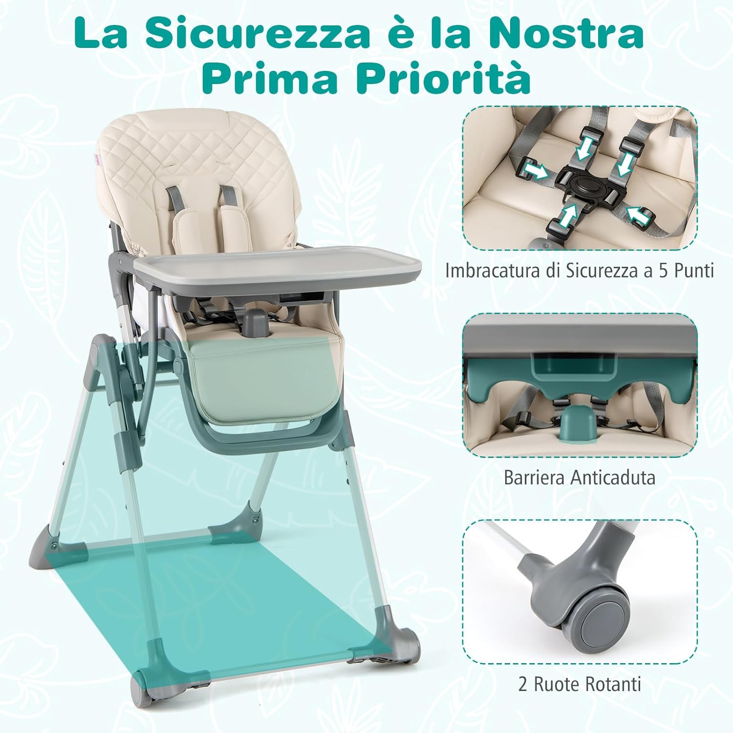 Seggiolone Pieghevole per Bambini, Portatile Regolabile con Poggiapiedi, Seggiolone con Vassoio Staccabile, Cuscino Sede in PU, Cintura di Sicurezzae Ruote Incorporate, Portata 15 kg (Beige)