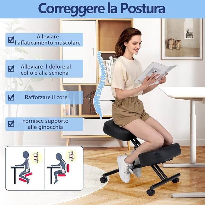 Sedia Ergonomica Inginocchiata con Ruote Universali Bloccabili, Sedia da Ginocchio Regolabile Posturale Struttura in Metallo, Sgabello Ergonomica per Casa e Ufficio, Nero