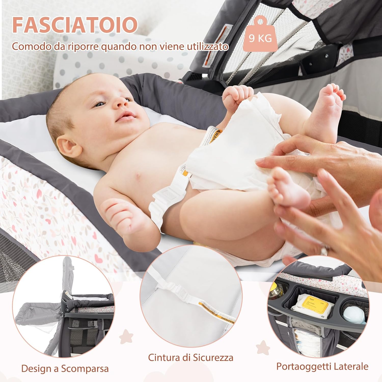 4 in 1 Lettino da Campeggio con Fasciatoio, Lettino Pieghevole per Bambini con Materasso, Centro Neonati con Culla, Box Musicale, Cappottina Regolabile, Borsa da Viaggio (Fiore Piccolo)