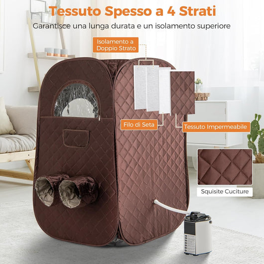 Sauna a Vapore Portatile 3L, Sauna da Casa con 9 Livelli di Regolazione della Temperatura da 40-65℃, Telecomando, Sedia Pieghevole e Massaggiatore per Piedi in Legno (caffè)