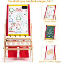 Cavalletto per Bambini 3 in 1, Lavagna Bifacciale, Cavalletto per Disegnare, con Rotolo di Carta, Magnetica, Accessori Completi, in Legno (52,5x51,5x106,5cm)