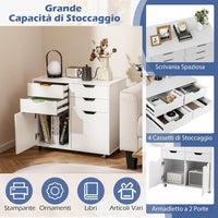 Cassettiera da Ufficio con 4 Cassetti e 2 Ante, Armadietto da Studio in Legno con 5 Ruote Universali, Mobile Porta Stampante Salvaspazio, per Soggiorno, 73 x 40 x 64,5 cm, Bianco